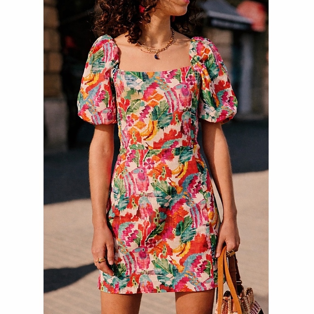 Sezane Allya Mini Dress Square Neck Floral Linen Tropical Ecru Pink Size XS 34